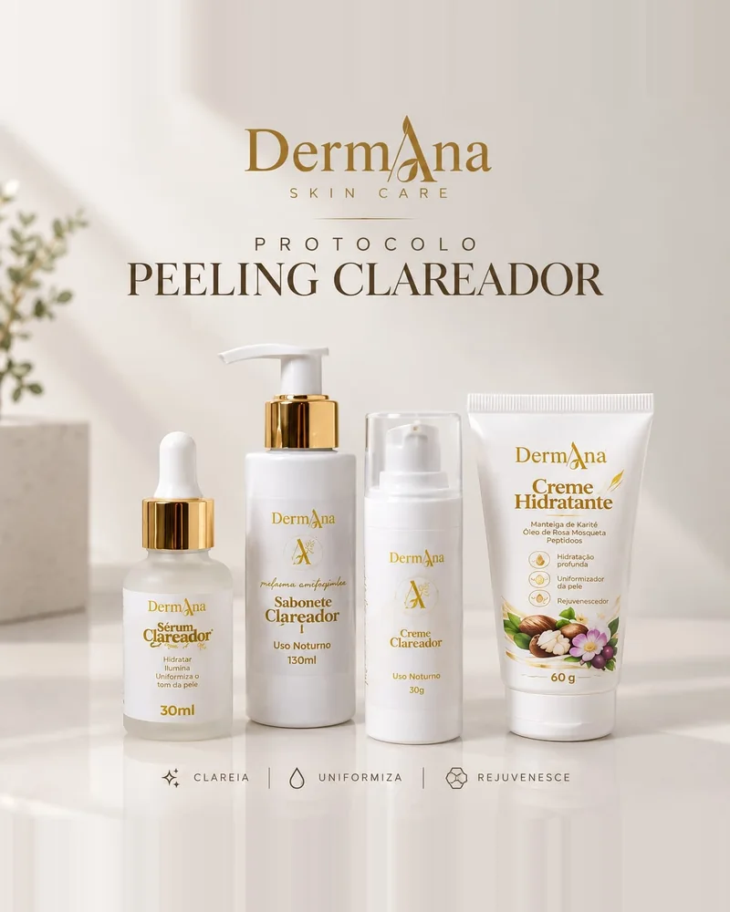 Protocolo Peeling Clareador DermAna: sérum, sabonete, creme clareador e creme hidratante