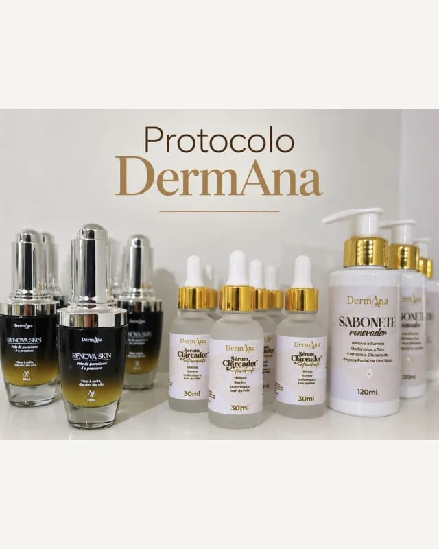 Protocolo DermAna: frascos de Renova Skin, Sérum Clareador e Sabonete Renovador